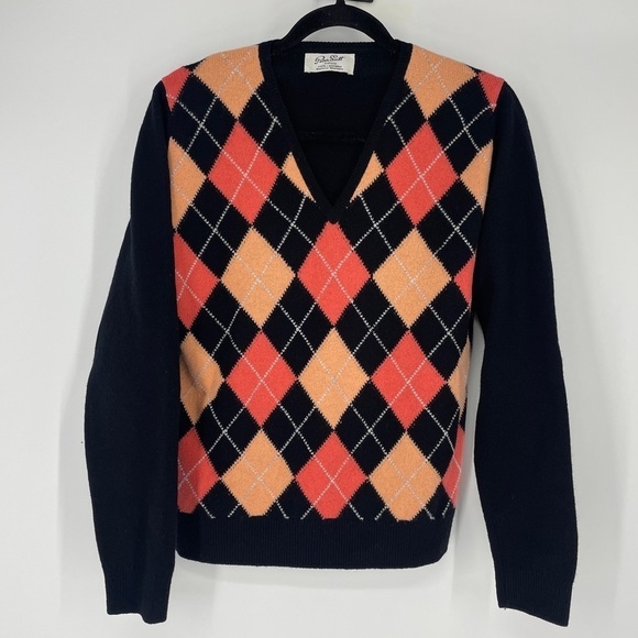 Vintage Orange Blue and White Argyle 100% Merino Wool sweater Unisex - Picture 1 of 5